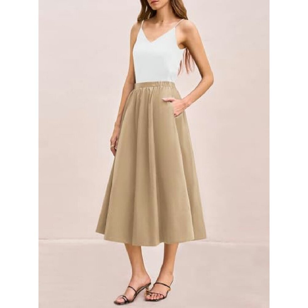 Women's A-Line Midi Skirt with Pocket, Elastic Waist, Flowy Polyester Blend - Picture 7 of 8